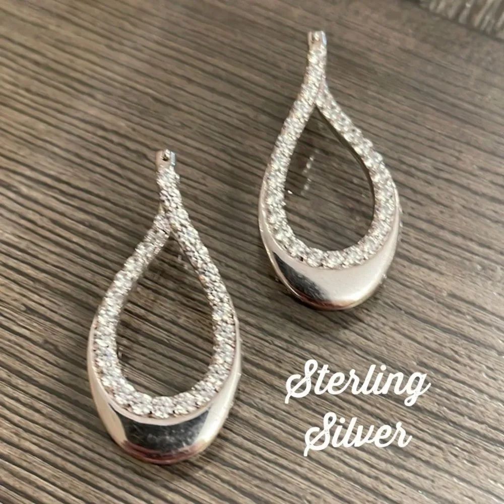 Sterling Silver & CZ Loop Earrings, Latch Back Closure